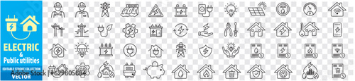 Electricity Public utilities electricity Gas water heating set of icons vector illustration editable stroke. 