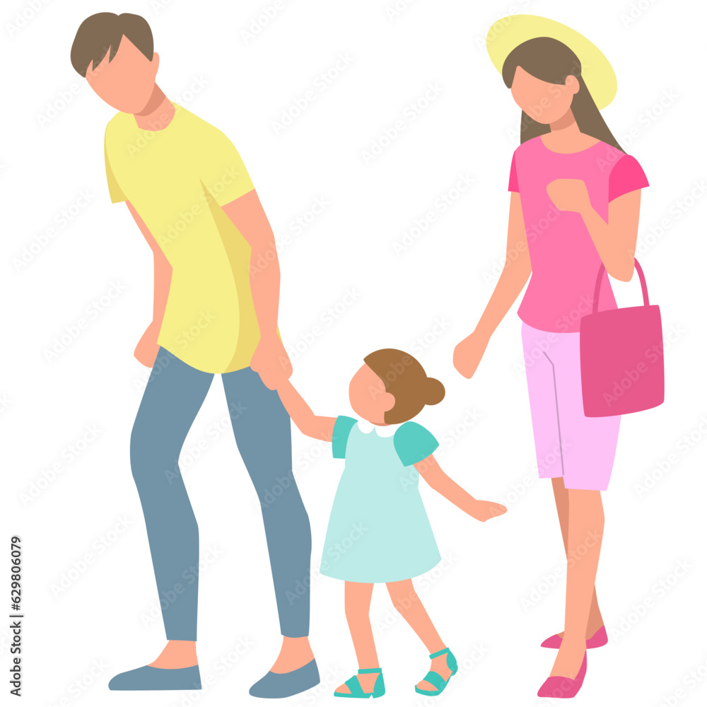 手をつないで歩く女の子と父親と母親 手をつないで歩く女の子と父親と母親