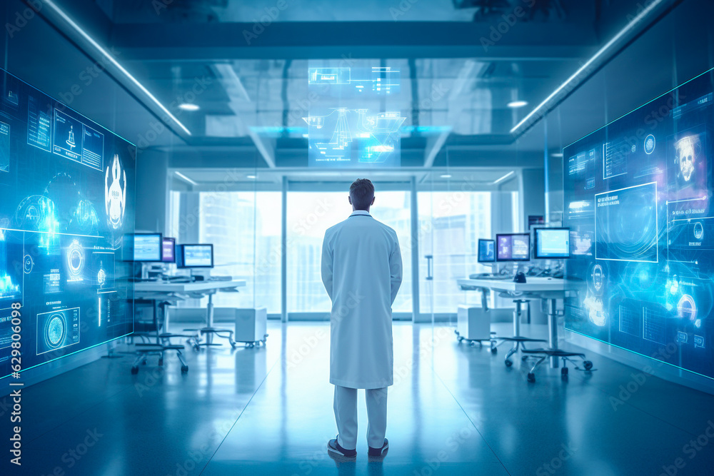 Futuristic virtual interface room. Scientist or doctor analyzing medical exam in modern laboratory. Medical with futuristic technology concept. Generative AI. Futuristic virtual interface room. Scientist or doctor analyzing medical exam in modern laboratory. Medical with futuristic technology concept. Generative AI.