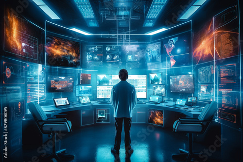 Futuristic virtual interface room. Scientist or doctor analyzing medical exam on display monitor screen on modern laboratory. Medical with futuristic technology concept. Generative AI.