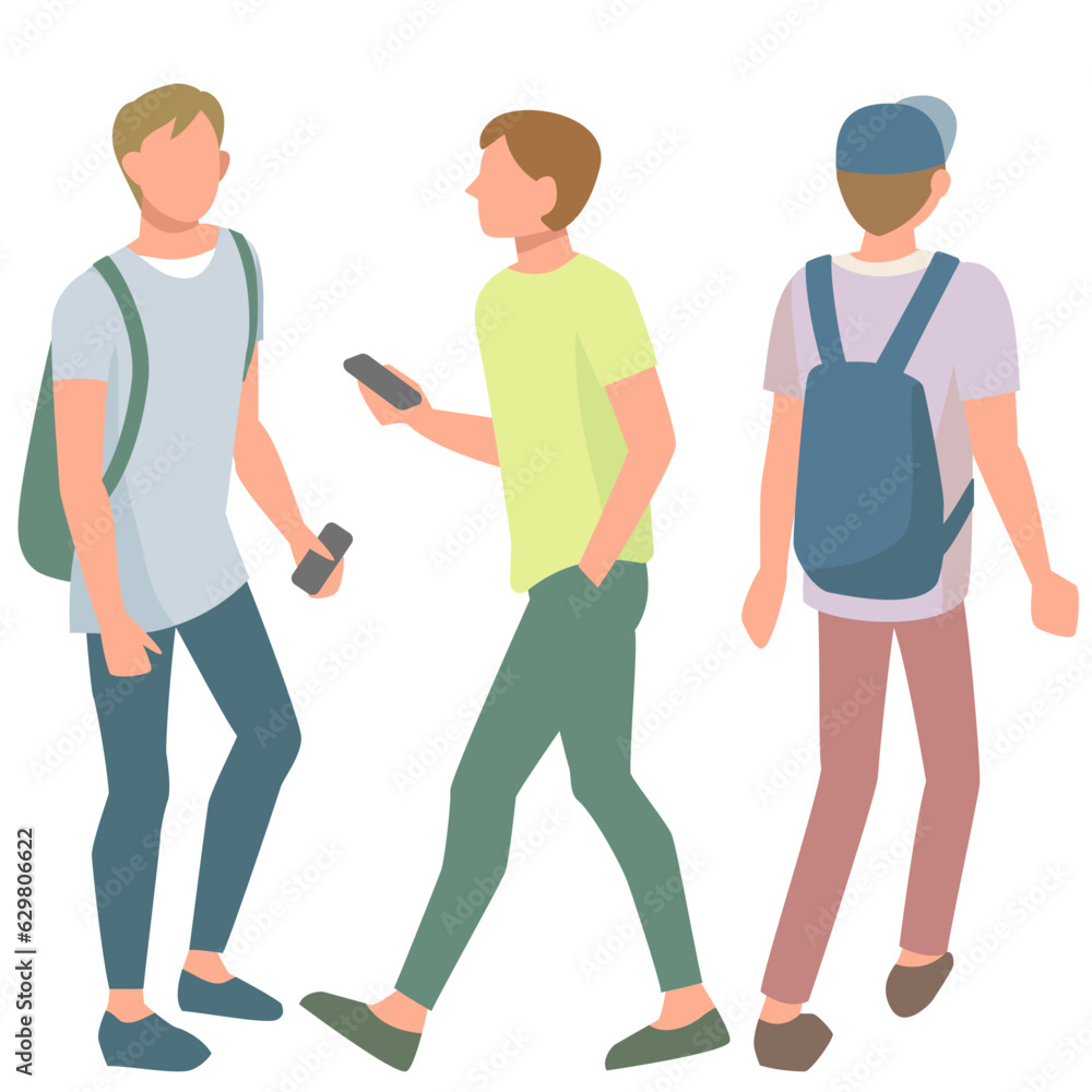 夏のファッションで歩く若い男性たち