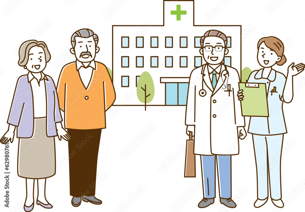 病院と医者と看護師と老夫婦の全身イラスト