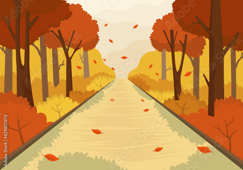 vector background for autumn with street scene covered with autumn leaves