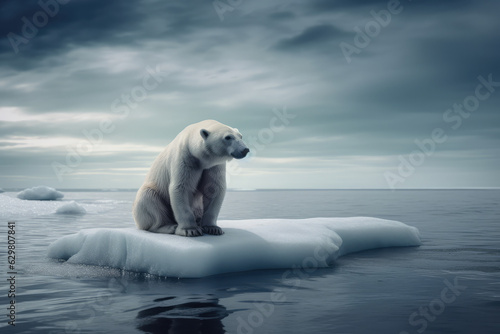 Ice bear on small piece of ice  ocean  lonely. Global warming concept.