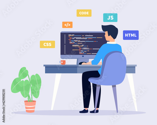 Programmer and engineering development write code on monitor screen Software developer