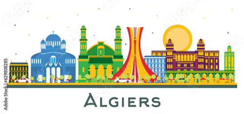 Algiers city Skyline with Color Buildings isolated on white. Algiers cityscape with landmarks.