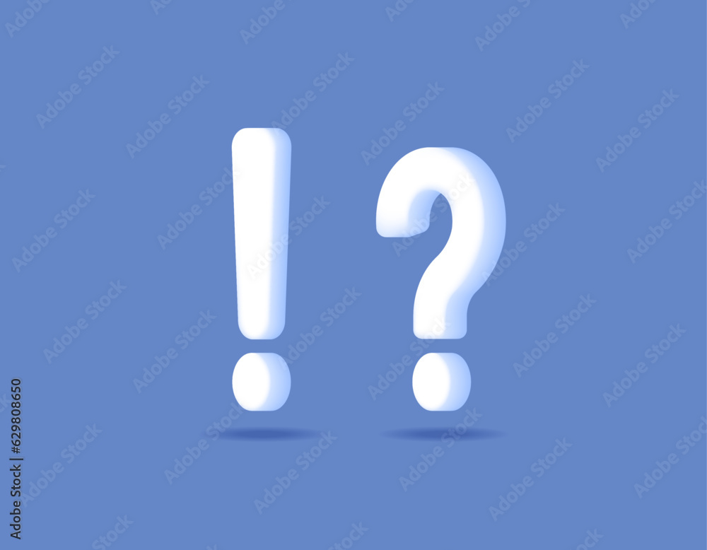 Question mark and exclamation mark 3D. Questions and Attention. symbols or icons. 3D concept design and minimalism. vector elements. blue background Question mark and exclamation mark 3D. Questions and Attention. symbols or icons. 3D concept design and minimalism. vector elements. blue background
