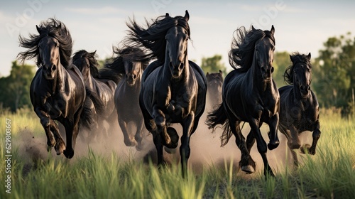 Leinwand Poster Herd of Friesian black horses galloping in the grass