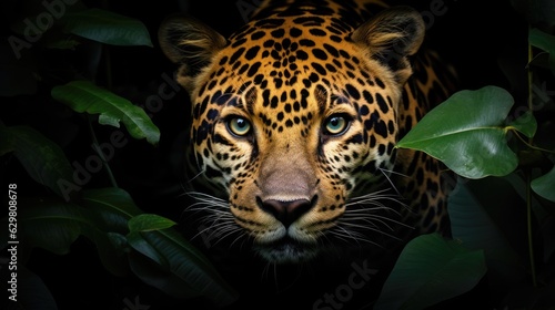 Head of a jaguar among the leaves in the jungle  Panthera onca. Generative AI
