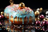 Festive sweet desserts on bokeh backdrop. New Year, Christmas delightful cakes and sweets concept. AI generative. 