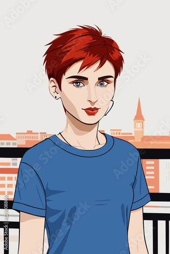 Illustration of a business woman: Fiery red pixie cut, keen blue eyes, tangerine lip balm, a pinstriped shirt, on the balcony of a city apartment  photo