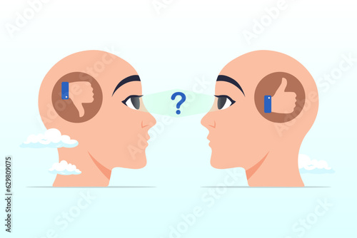 Human head looking at object with difference perception, perception process to interpret information, though or opinion depend on personality or perspective, difference bias or illusion (Vector)