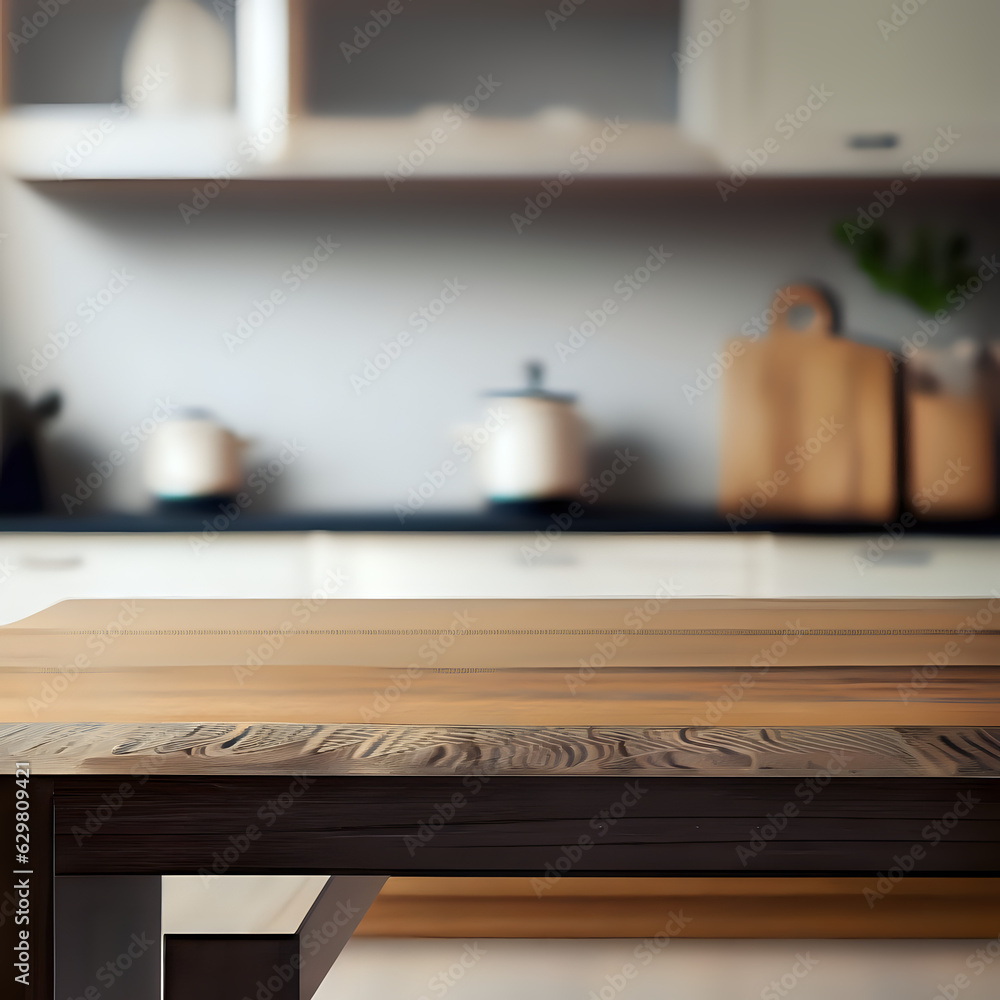 a minimalist and modern graphic featuring an empty wooden table against a softly blurred kitchen bench background. The composition uses clean lines and subtle colors to create a serene and aesthetical