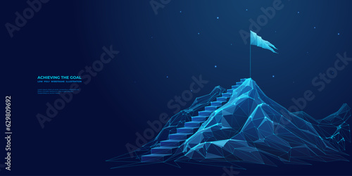 Abstract digital mountain, flag, and stairs. Leadership concept. Goal achievement concept. Low poly wireframe vector illustration in futuristic modern style on technological blue background.