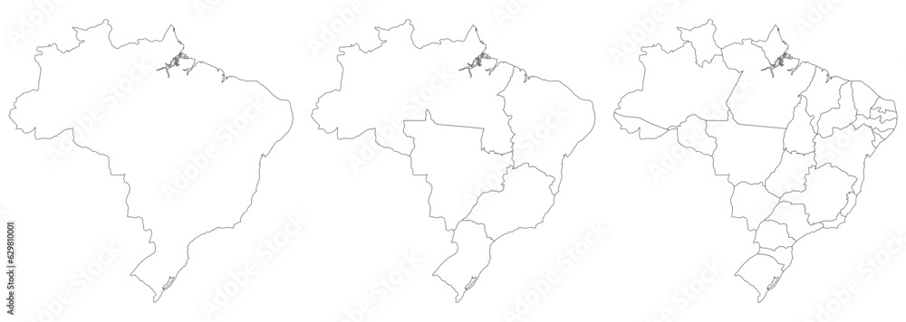 Brazil set. Brazil map with administrative regions white color. Latin map. Brazilian map set.