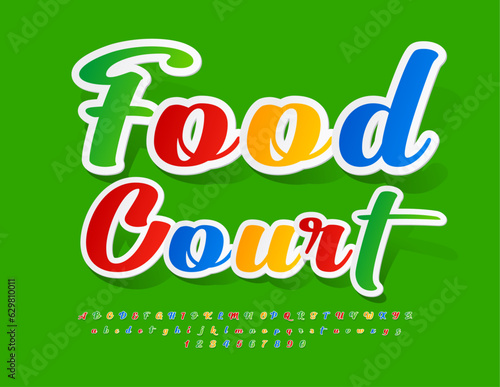 Vector colorful Emblem Food Court. Bright Creative Font. Sticker style Alphabet Letters and Numbers