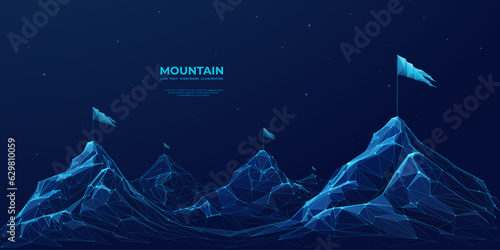 Abstract digital mountains range with flags in a futuristic low poly style. Path to success and business goals achievement concept. Polygonal wireframe vector illustration on technology background.