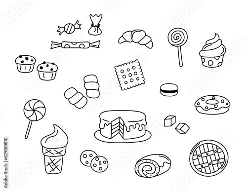 Desserts vector doodles. Sweet food elements isolated black on white background. Hand drawn outline illustration of cake, candies, cupcake, lollipops and cookies. Hand drawn cute doodle drawings