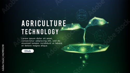Young plants or growing seeds.Cultivation or farming with agricultural technology.Low poly wireframe.Hi-tech Abstract technology background.Vector illustration.