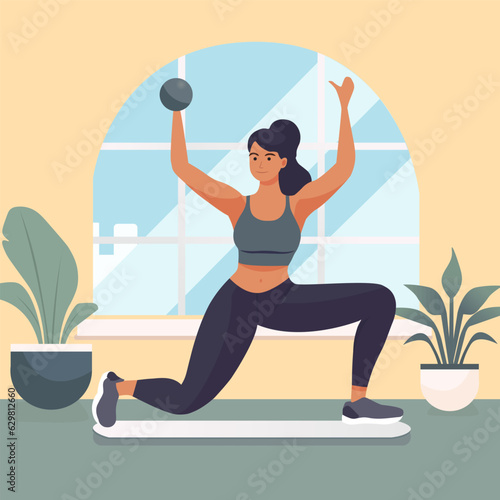 Home fitness, workout concept. Women doing Medicine Ball lunge exercise on sports mat in living room in sports clothes, sneakers, leggins, top. Work out with light gym equipment.