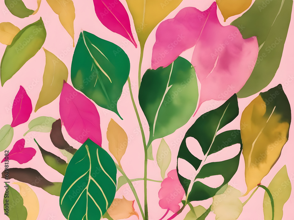 watercolor leaf foliage wallpaper background pink green gold