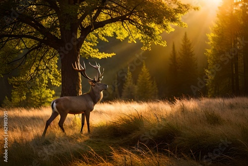 A majestic stag standing in a sunlit clearing, its antlers grand and impressive