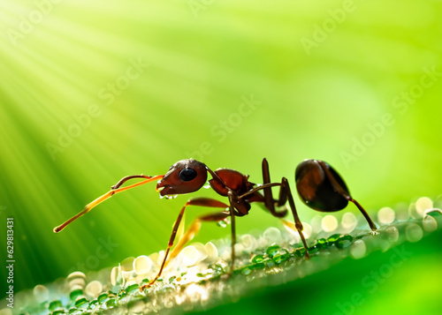 macro closeup photo of an ant on blurred green natural background, sun rays, water droplets, created with generative ai technology