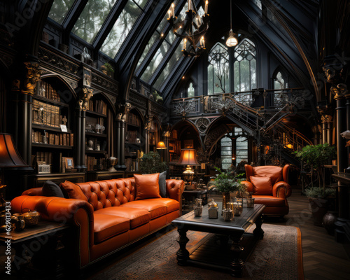  a orange library with black accents 