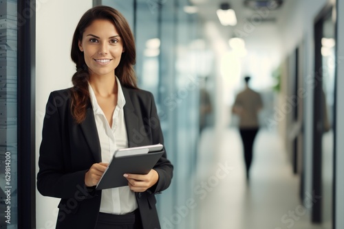 Successful business woman looking confident and smiling. Close-up image of business woman watching tablet device indoors. 