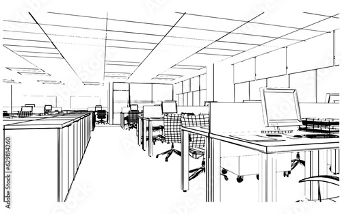 huge office area,office area for document work line drawings,3d rendering © oselote