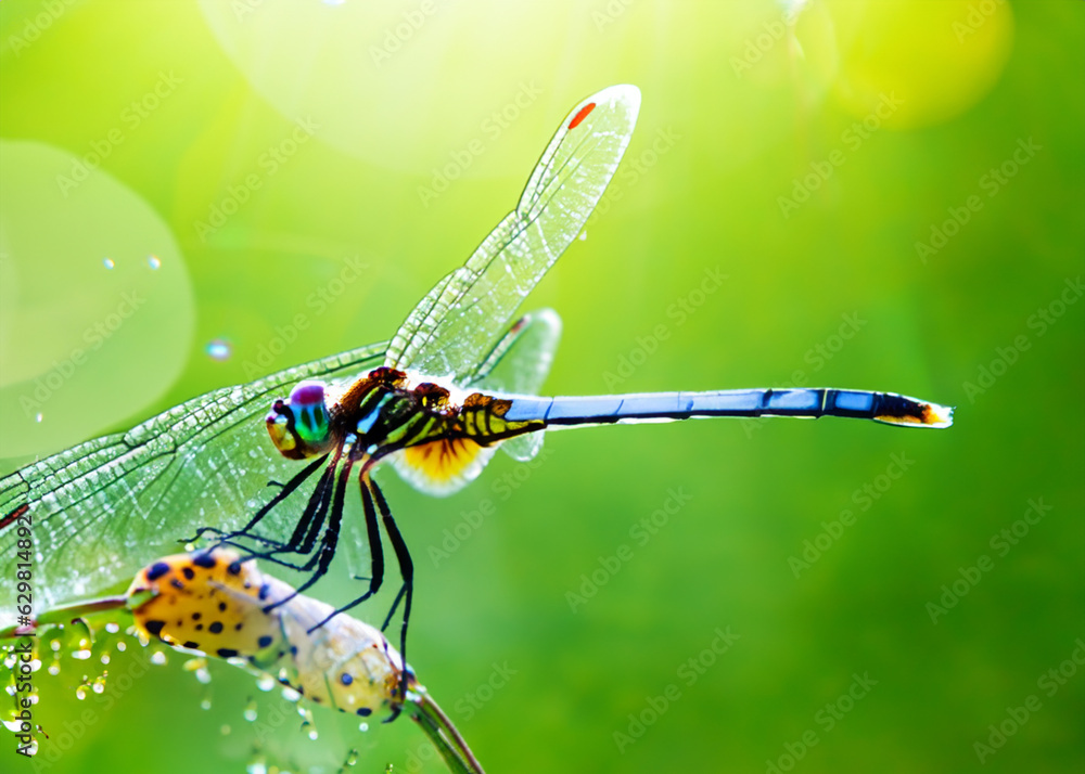 macro closeup photo of a dragonfly on blurred green natural background ...