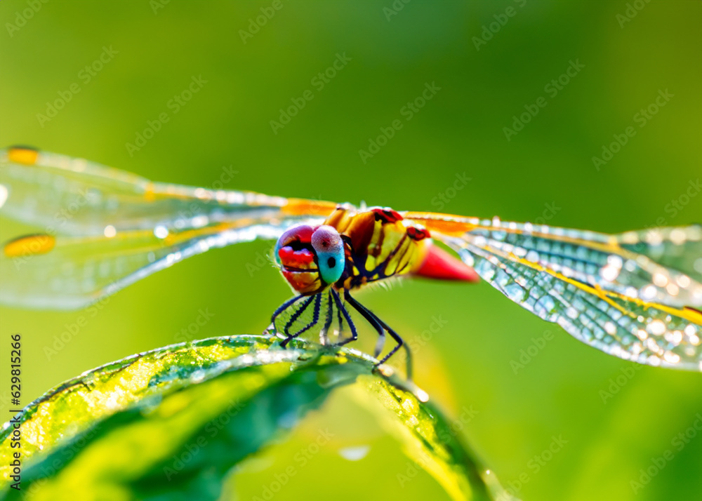 macro closeup photo of a dragonfly on blurred green natural background ...