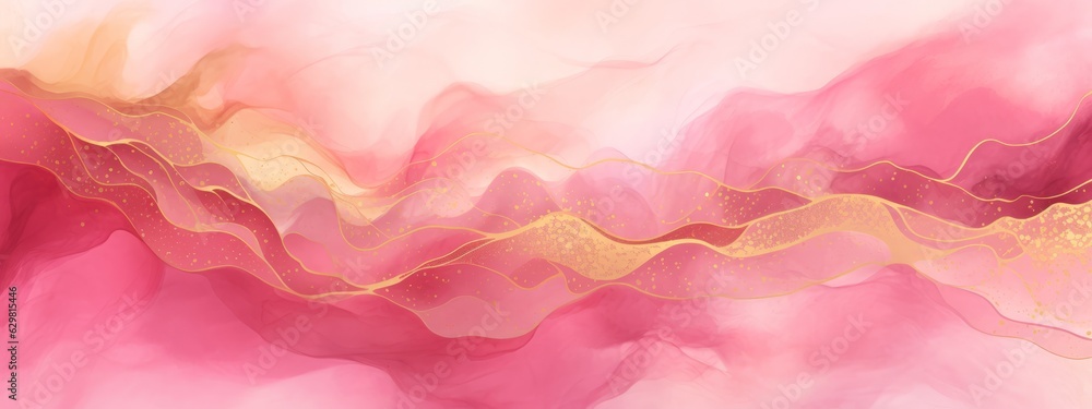 Abstract watercolor paint background illustration web design - Pink pastel color waves and gold lines, with liquid fluid marbled paper texture banner texture (Generative Ai)