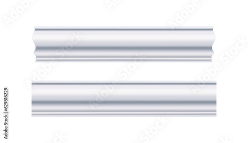 Ceiling cornice. White molding. Can be used to decorate any interior as an artistic element on house walls, ceilings, smooth surfaces. Realistic vector illustration isolated on white background.