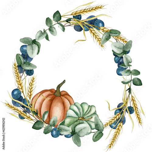 Watercolor illustration of an autumn wreath of flowers and pumpkins