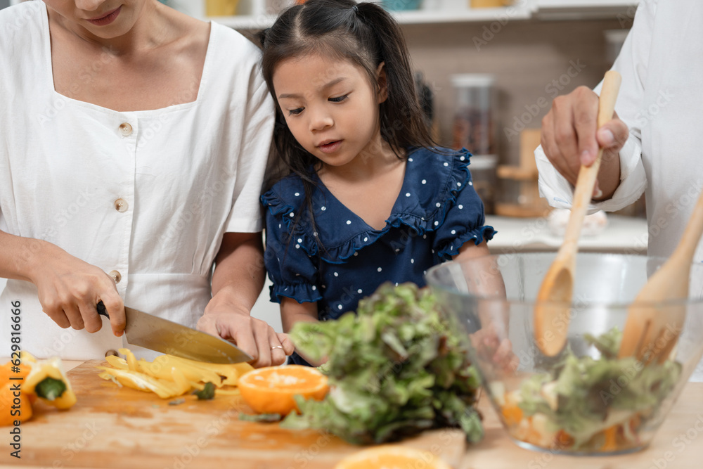 Asia kid girl cooking salad with family in kitchen at home Asia kid girl cooking salad with family in kitchen at home