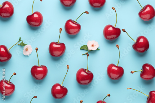 Top view of cherry fruits on blue background
