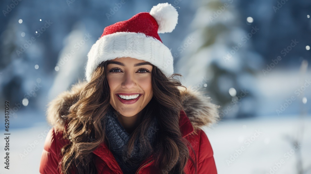 Beautiful joyful girl in Santa Claus hat smiling and looking at camera. Generative Ai. Beautiful joyful girl in Santa Claus hat smiling and looking at camera. Generative Ai.