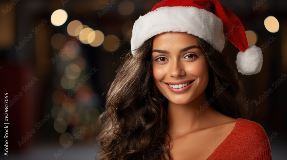Beautiful joyful girl in Santa Claus hat smiling and looking at camera. Generative Ai. Beautiful joyful girl in Santa Claus hat smiling and looking at camera. Generative Ai.