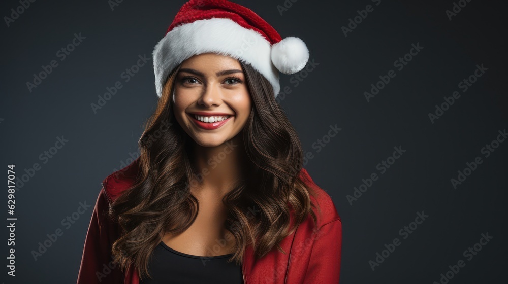 Beautiful joyful girl in Santa Claus hat smiling and looking at camera. Generative Ai. Beautiful joyful girl in Santa Claus hat smiling and looking at camera. Generative Ai.