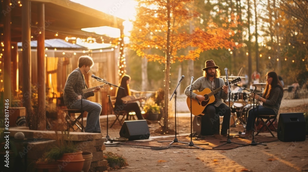 live band performing on a rustic stage at an autumn event