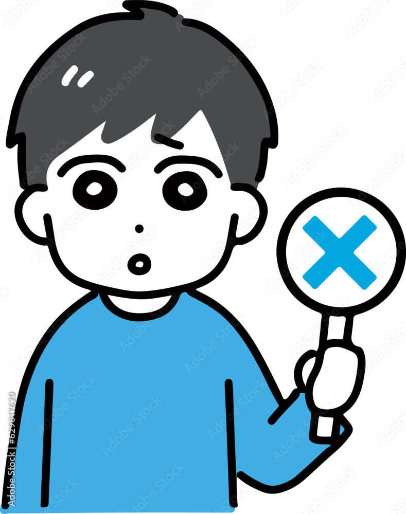 バツのサインを出す私服の若い男性(上半身・正面)