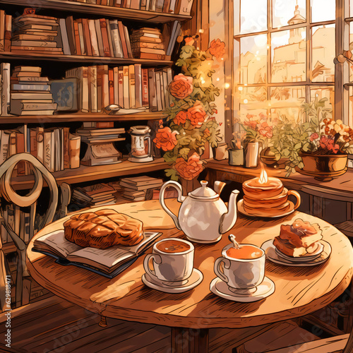 Painting of a library in the morning