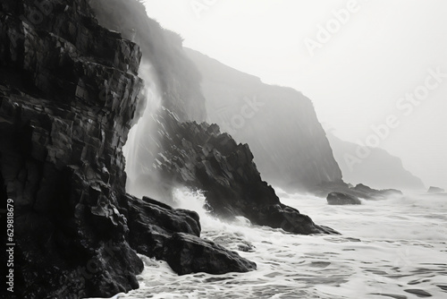  mountain cliff over ocean on a foggy morning, wave crashing on the mountain