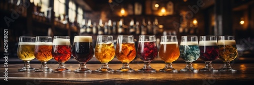 assorted beers draft beer in glass Draft beer in glasses on a row of bars bar background blur © sirisakboakaew
