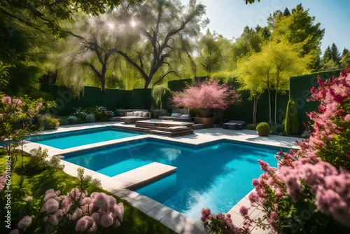Residential swimming pool in a backyard with blossoming flowers and full trees