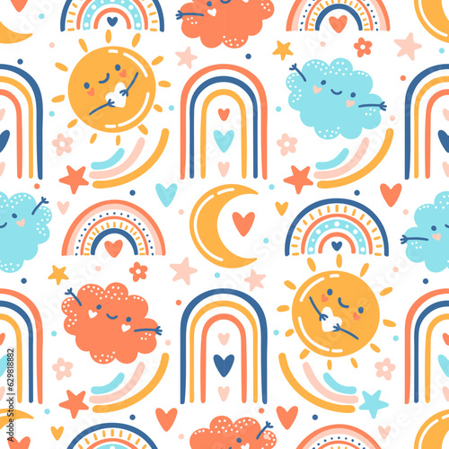 Funny Hand drawn seamless pattern with sun, rainbow, clouds. Lovely doodle background, nursery fabric or wrapping paper. Happy kind and peaceful collection of characters. Baby vector illustration