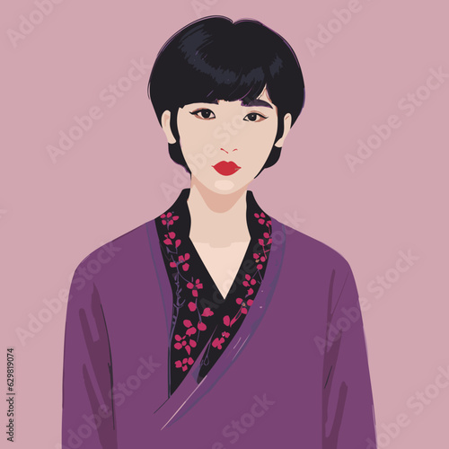 Korean woman: Pixie cut in raven black, high cheekbones, cherry-red lips, a Hwang Jin in royal purple 