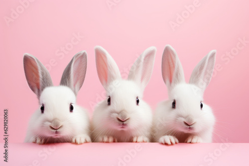 Three cute white rabbits grab the edge of the pink table for photo group poses with the pink background.