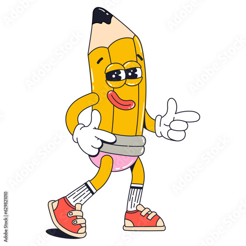 Isolated groovy character walking yellow crayon in gloves in flat retro classic cartoon style of 60s 70s on white background. Illustration for your design, print, card, poster, stickers